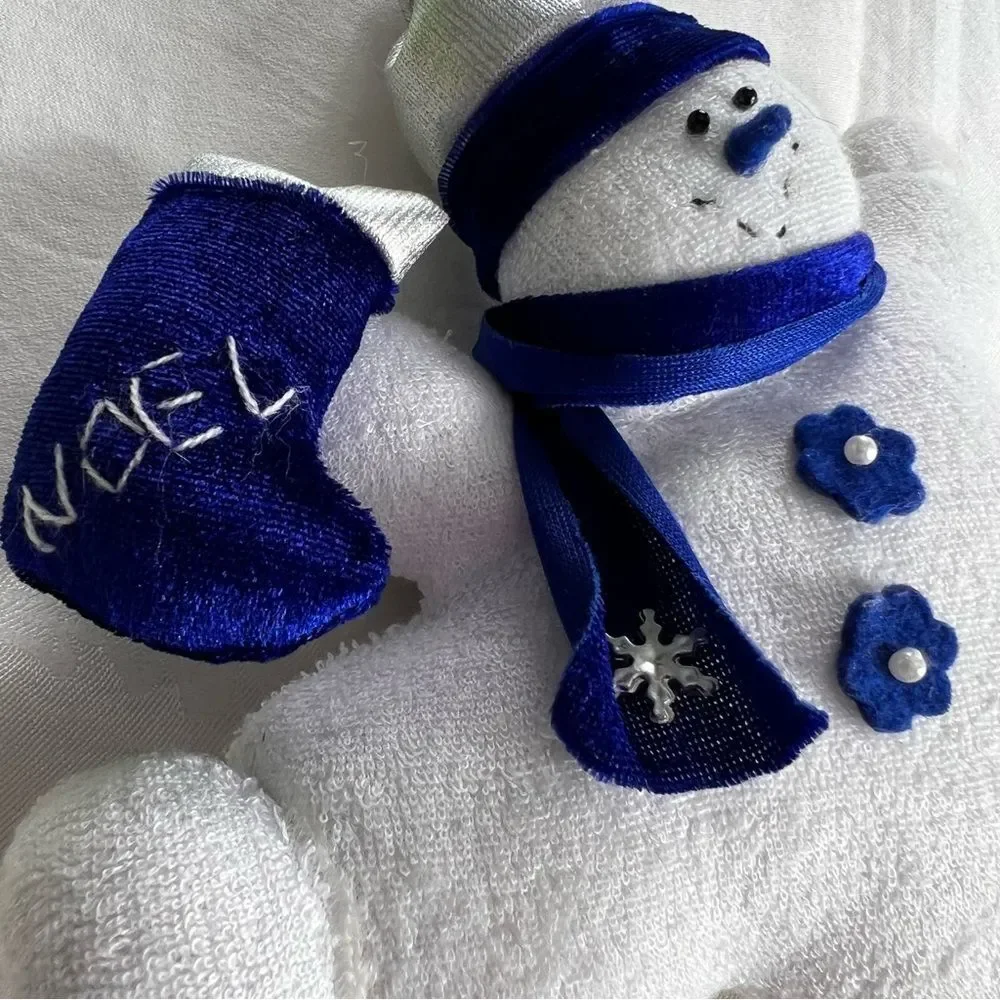 2 Hanging Stuffed Snowmen Blue White Chubby Soft Snowflake Christmas Tree Noel